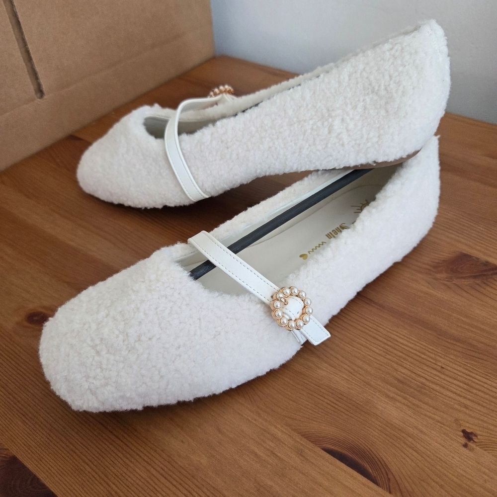 Faux Sherpa Ballet Flat Shoes Mary Janes Cream Ivory Buckle Twee Preppy Kawaii 9